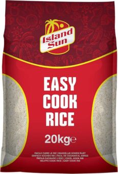 Island Sun Easy Cook Rice 20kg bag – premium parboiled long-grain rice for African and Caribbean cooking, perfect for Jollof Rice, Fried Rice, stews, and catering events – available at 4Way Foods UK