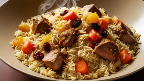 Afghan Kabuli Pulao – Aromatic rice with raisins, carrots, and meat