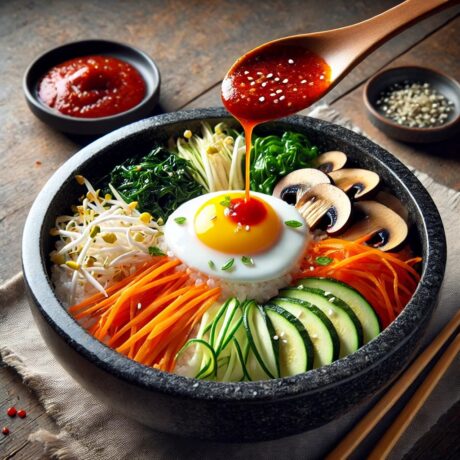 Korean Bibimbap – A mixed rice bowl with vegetables, egg, and gochujang