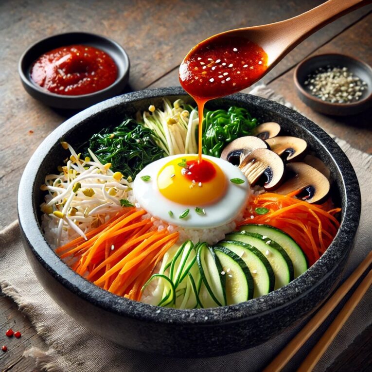 Korean Bibimbap – A mixed rice bowl with vegetables, egg, and gochujang