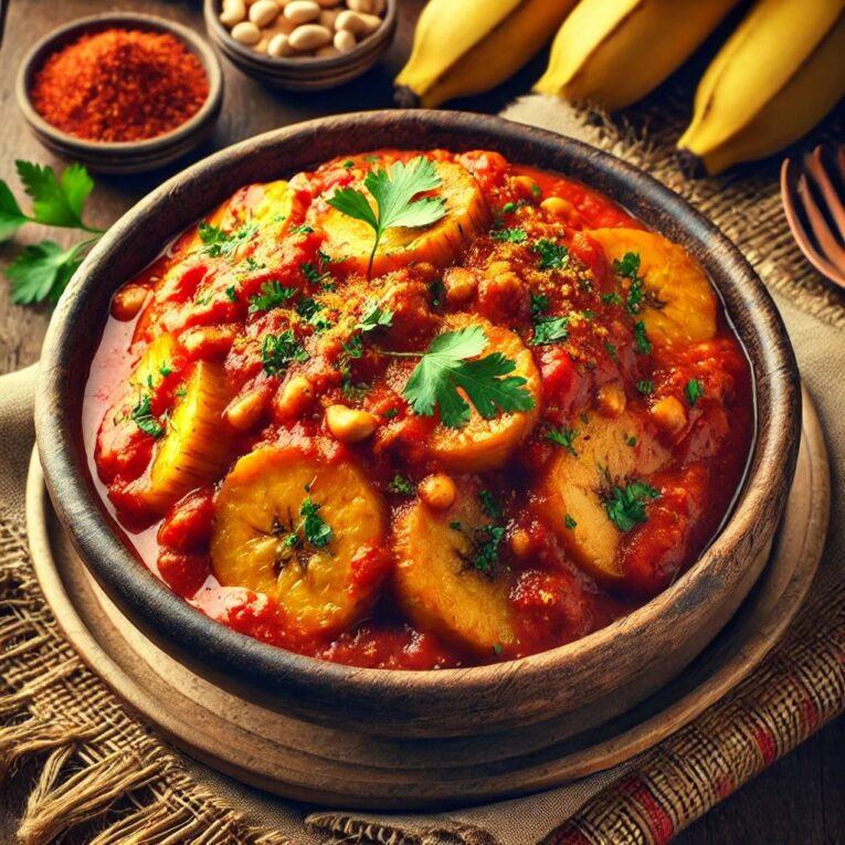 Ugandan Matoke – Cooked plantains in a rich tomato and peanut sauce.