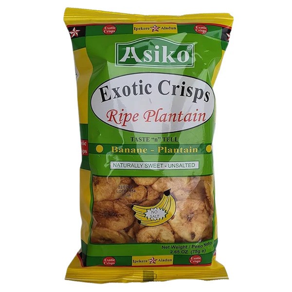 Asiko Exotic Crisps Sweet Unsalted Plantain Chips – 75g pack of naturally sweet, vegan and gluten-free ripe plantain snack