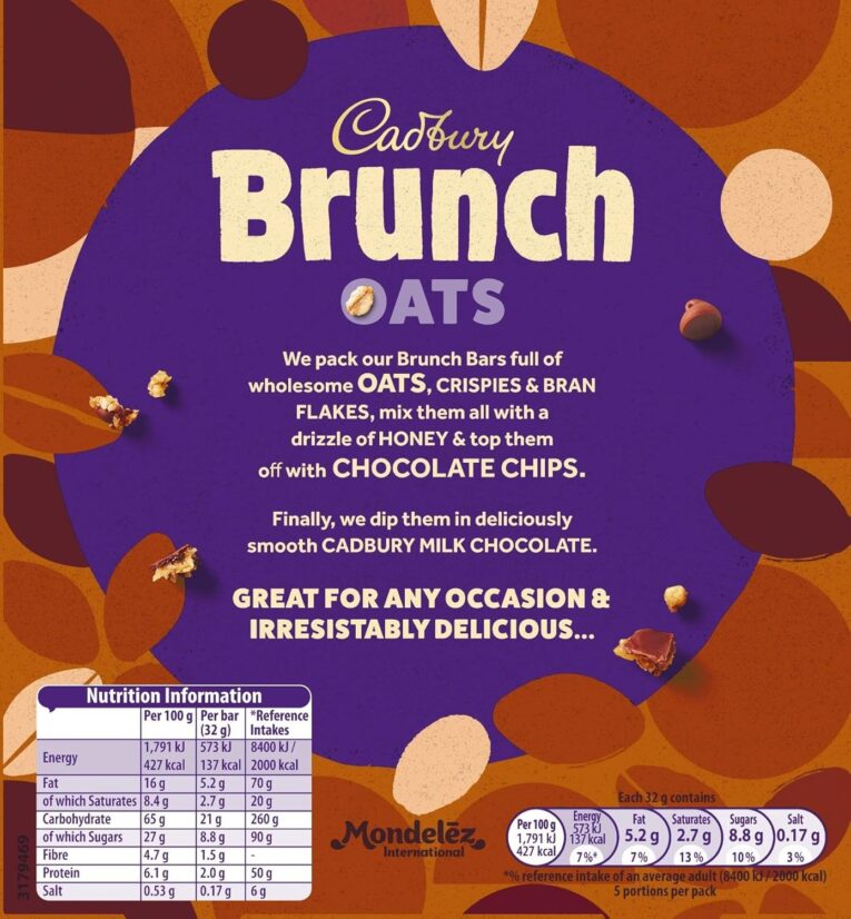 Cadbury Brunch Bar Choc Chip 5 Pack 140g – chocolate cereal snack bars with oats and crisped rice