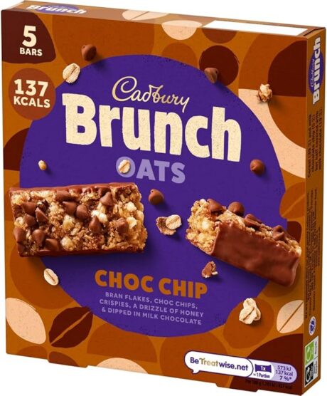 Cadbury Brunch Bar Choc Chip 5 Pack 140g – chocolate cereal snack bars with oats and crisped rice