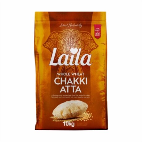 Laila Chakki Atta 10kg whole wheat flour bag ideal for making chapatis, rotis, and parathas