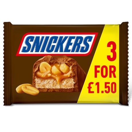 Snickers chocolate bar with caramel, nougat, and peanuts coated in milk chocolate