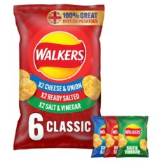 Walkers Classic Variety Multipack Crisps 6 Pack showing individual 25g bags.