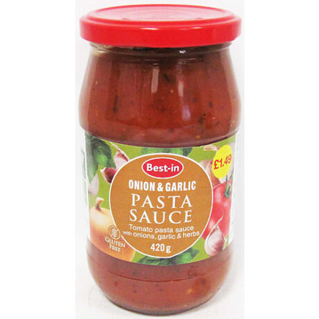 Bestin Pasta Sauce Onion & Garlic 420 g – Jar of tomato sauce with onion and garlic