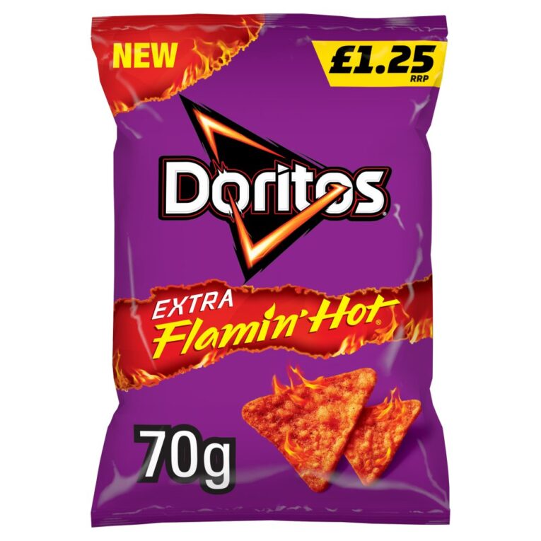 Doritos Extra Flamin' Hot Crisps 70g bag front packaging