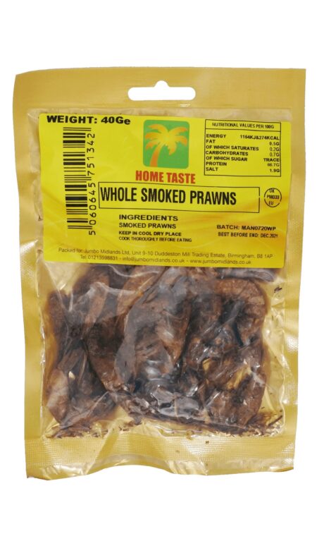 Sealed pack of Home Taste Whole Smoked Prawns 40g – traditional African seafood snack
