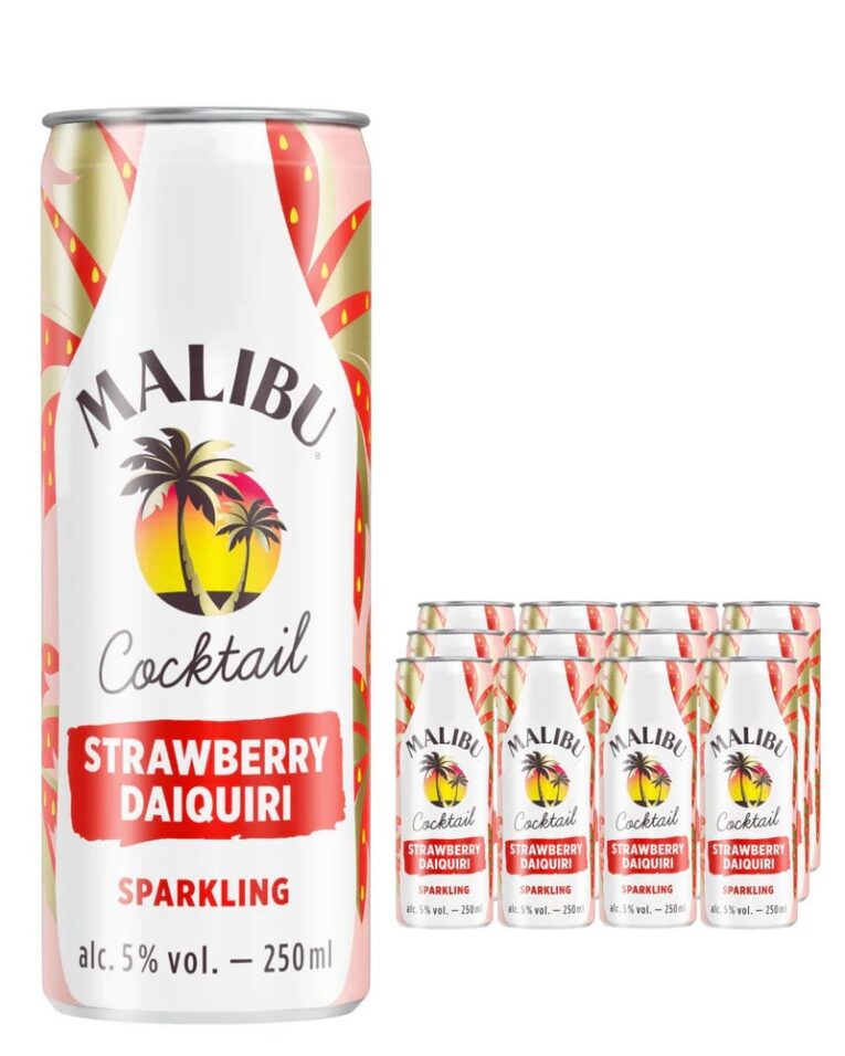 Malibu Cocktail Strawberry Daiquiri Sparkling 250ml x12 – Fruity ready-to-drink cocktail with strawberries, lime, and white rum