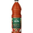 Olu Olu 1L bottle of cold-pressed red palm oil with vibrant orange-red hue, cooking oil for jollof rice and stews
