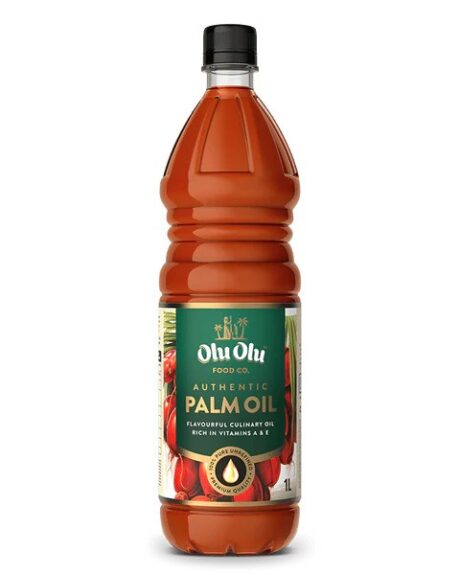 Olu Olu 1L bottle of cold-pressed red palm oil with vibrant orange-red hue, cooking oil for jollof rice and stews