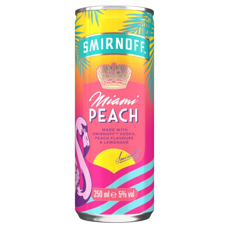 Smirnoff Miami Peach and Lemonade Ready to Drink Cocktail 250ml x12 – Peach vodka cocktail in a can