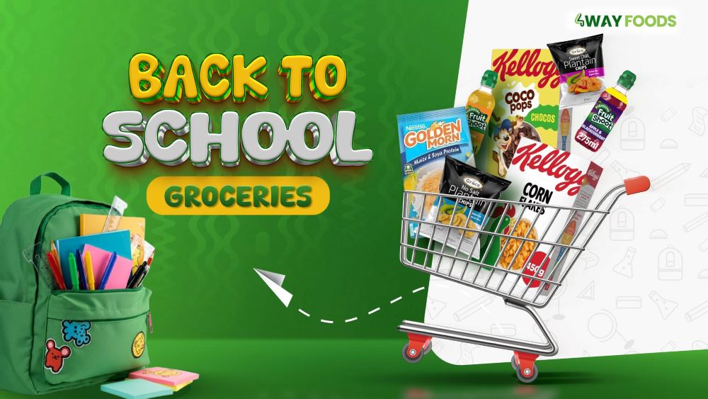 Back to school groceries bundle with snacks, biscuits, crisps, chocolate bars, juice drinks, and lunchbox essentials from 4Way Foods
