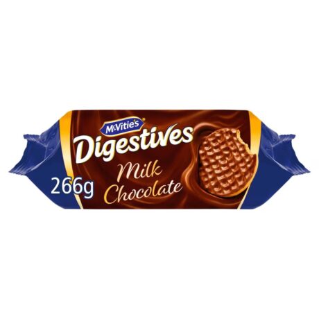 McVitie’s Milk Chocolate Digestive Biscuits 266g pack – golden-baked wheat biscuits topped with smooth milk chocolate.