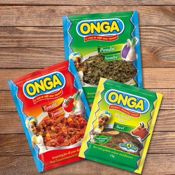 Onga seasoning cubes and sachets displayed alongside African dishes like jollof rice and stew, symbolising its role in African cooking.