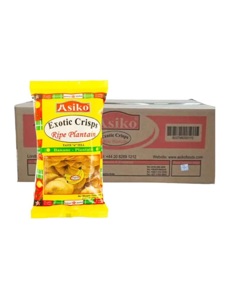 Box of Asiko Exotic Plantain Chilli Chips 75g x24 with vibrant red packaging and golden, spicy chips spilling out—ideal for snacking, entertaining, or pairing with African meals.