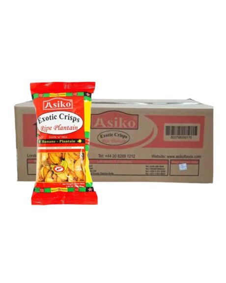 Box of Asiko Exotic Plantain Salted Chips 75g x24 with golden, crispy chips spilling out—ideal for snacking, entertaining, or pairing with African meals.