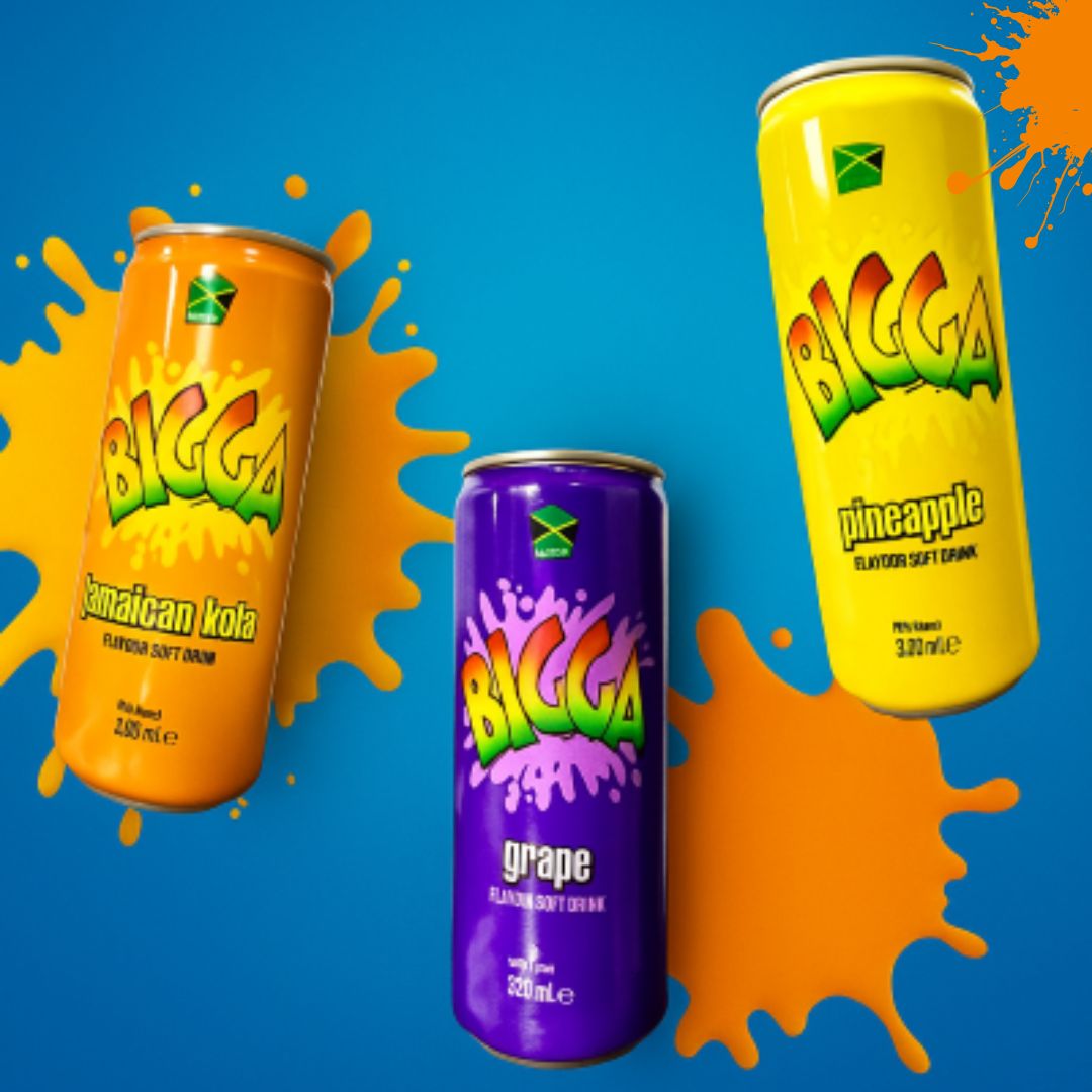 Assorted Bigga soft drinks flavours – Bigga Fruit Punch, Pineapple, Grape, Jamaica Kola