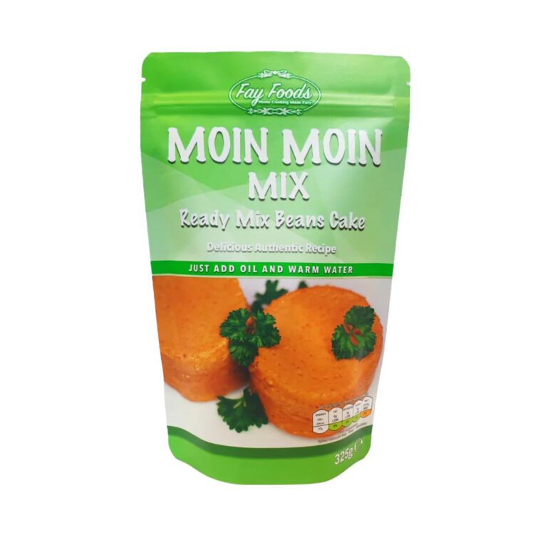 Pouch of Fay Food Moin Moin Mix 325g beside ramekins of freshly steamed bean cake—perfect for Nigerian meals at home or on the go.