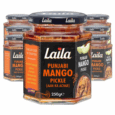 Box of 12 jars of Laila Mango Pickle 250g with vibrant mango chunks and spices—ideal for Indian meals, catering, or retail shelves.