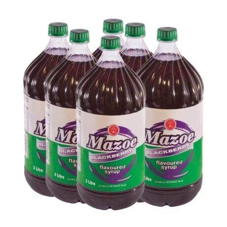 Mazoe Blackberry Syrup 6 Pack – six 2L bottles of tangy, fruity cordial from Zimbabwe, ideal for mixing, desserts, and bulk use.