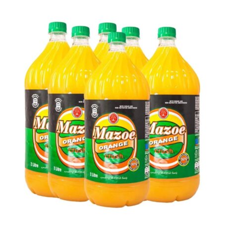 Mazoe Orange Crush Syrup 6 Pack – six 2L bottles of tangy, citrus squash from Zimbabwe, ideal for mixing, cocktails, and bulk use.