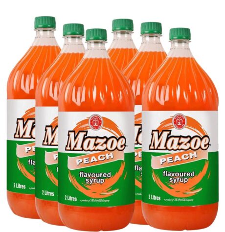 Mazoe Peach Syrup 6 Pack – six 2L bottles of sweet, juicy peach cordial from Zimbabwe, ideal for mixing, cocktails, and bulk use.