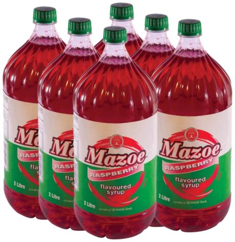 Mazoe Raspberry Syrup 6 Pack – six 2L bottles of sweet, tangy raspberry cordial from Zimbabwe, ideal for mixing, cocktails, and bulk use.