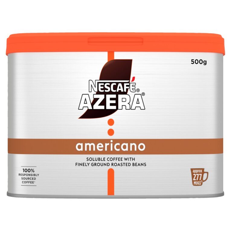 NESCAFÉ Azera Americano Instant Coffee 500g tin with sleek silver branding, placed on a countertop, ideal for barista-style coffee breaks at work.