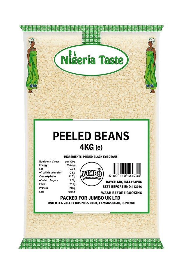 Nigeria Taste Peeled Beans 4kg pack – Jumbo brand peeled black eye beans for Nigerian dishes like Moi Moi and Akara, available online from 4WayFoods African supermarket.