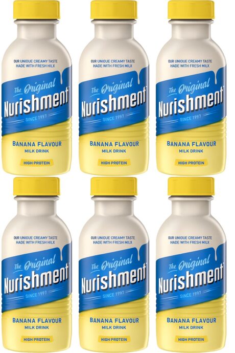 Six-pack of Nurishment Banana Flavour Milk Drink bottles (330ml), chilled and ready to enjoy, ideal for athletes, busy professionals, and nutritious snacking.