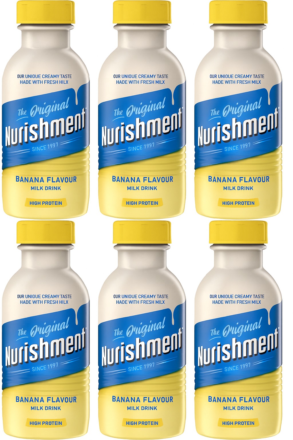 Discover Nurishment Strawberry, Vanilla, Chocolate and Banana Drinks 4 Six-pack of Nurishment Banana Flavour Milk Drink bottles (330ml), chilled and ready to enjoy, ideal for athletes, busy professionals, and nutritious snacking.