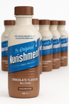 Six-pack of Nurishment Chocolate Flavour Milk Drink bottles (330ml), chilled and ready to enjoy, ideal for athletes, busy professionals, and nutritious snacking.