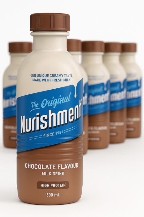 Six-pack of Nurishment Chocolate Flavour Milk Drink bottles (330ml), chilled and ready to enjoy, ideal for athletes, busy professionals, and nutritious snacking.