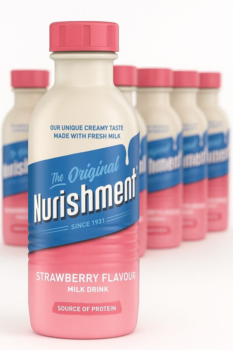 Six-pack of Nurishment Strawberry Flavour Milk Drink bottles (330ml), chilled and ready to enjoy, ideal for athletes, busy professionals, and nutritious snacking.