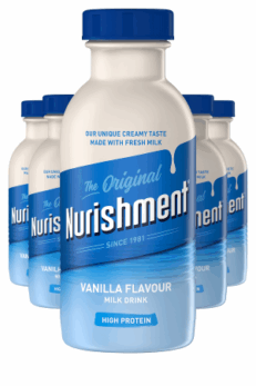 Nurishment Vanilla Flavour Milk Drink 330ml x6 – creamy, fortified milk drink with 12 essential vitamins and minerals. High in protein, halal-certified, and perfect for post-workout or on-the-go nutrition.