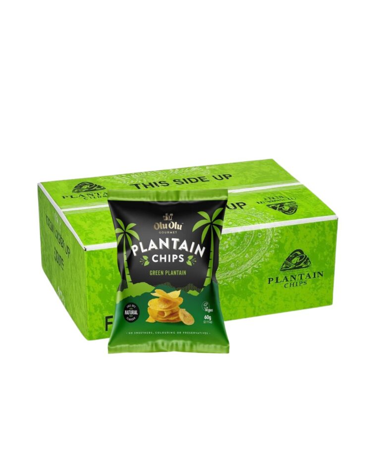 Box of Olu Olu Green Plantain Chips 60g x24 with golden, crispy slices spilling out, ideal for snacking, sharing, or pairing with African meals.