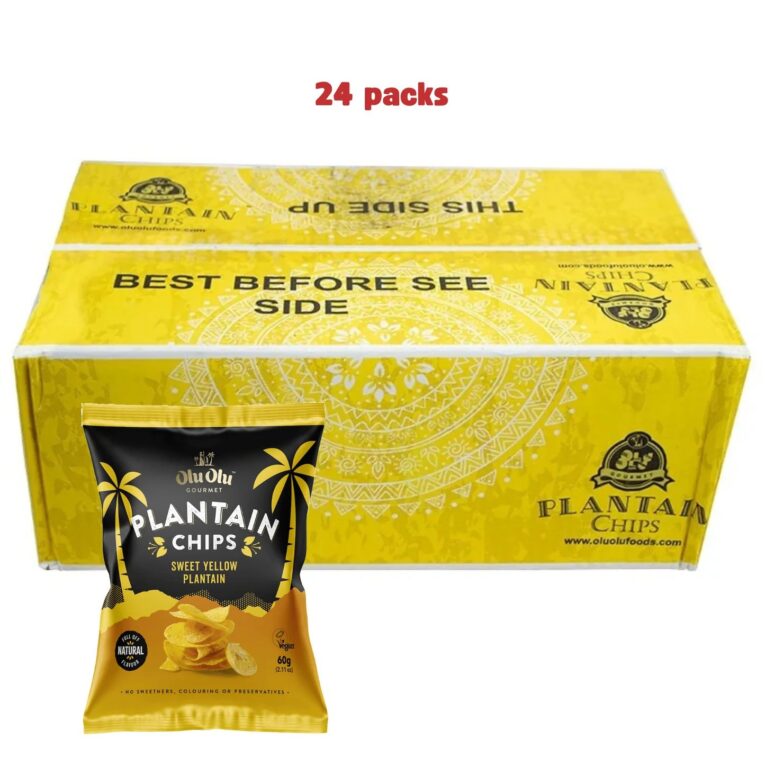 Olu Olu Sweet Plantain Chips 60g x24 case – crunchy vegan African snack made from ripe plantains, naturally sweet and gluten-free.