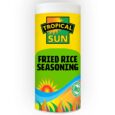 Pouch of Tropical Sun Fried Rice Seasoning 90g beside a wok of sizzling fried rice—ideal for Afro-Caribbean and fusion meals.