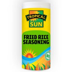 The Top 30 Must-Have Seasonings Every Christmas Kitchen Needs 🎄 33 Pouch of Tropical Sun Fried Rice Seasoning 90g beside a wok of sizzling fried rice—ideal for Afro-Caribbean and fusion meals.