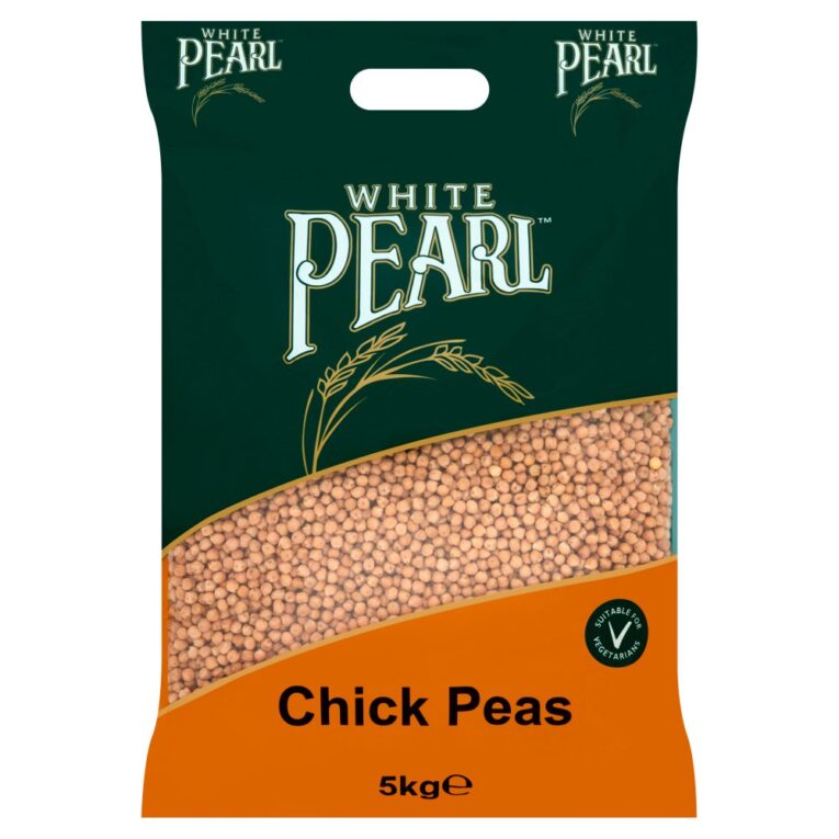 Bag of White Pearl Chick Peas 5kg placed on a kitchen counter, ideal for bulk cooking, vegetarian meals, and homemade hummus.
