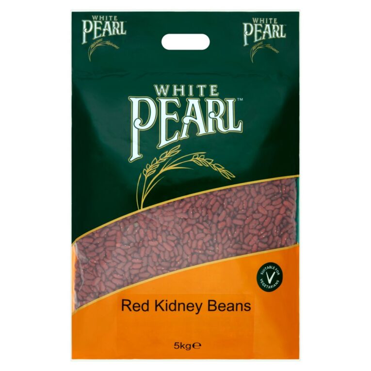 Bag of White Pearl Red Kidney Beans 5kg placed on a kitchen counter, ideal for bulk cooking, vegetarian meals, and hearty stews.