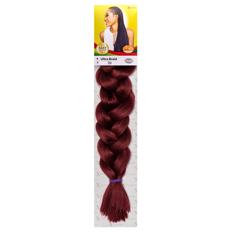 Pack of X-Pression Ultra Braid No.39 – long, burgundy synthetic braiding hair ideal for protective styles like box braids and twists.