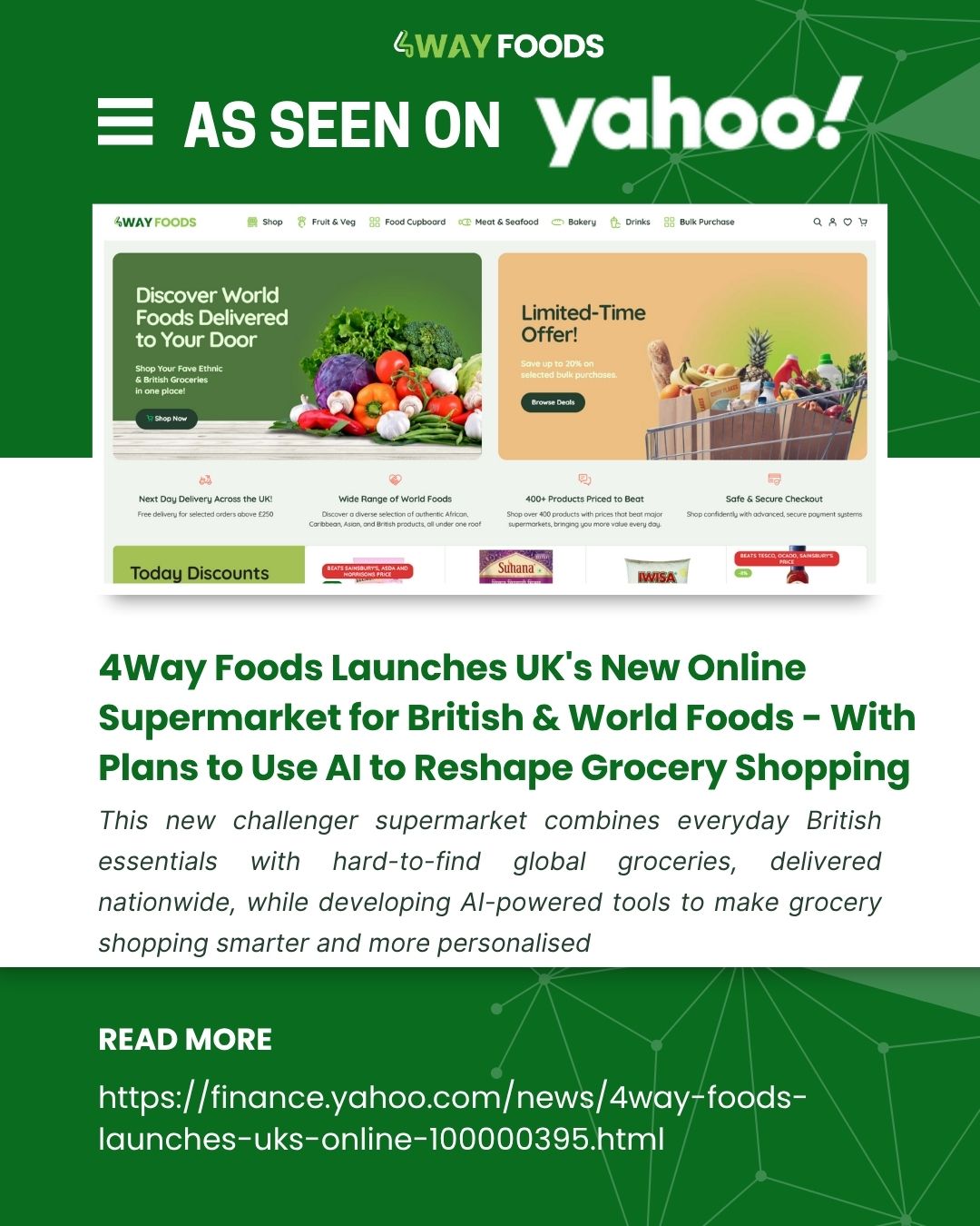 4Way Foods Featured in Yahoo Finance and The Grocer: A New Chapter for Online Grocery Shopping 1 4Way Foods Featured in Yahoo Finance and The Grocer - UK online supermarket, British groceries, world foods, online grocery shopping, AI in grocery retail.