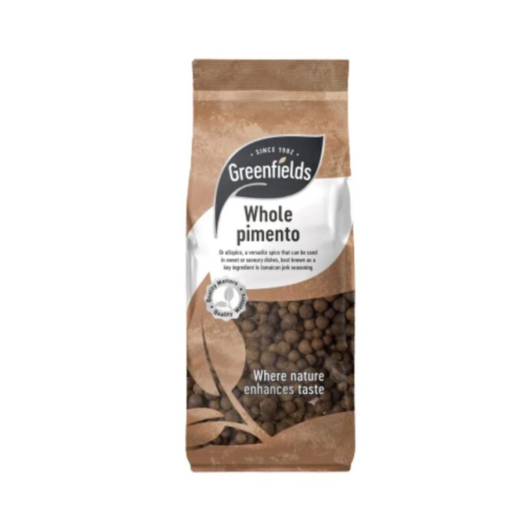 Greenfields Whole Pimento 50g pouch with dried allspice berries and warm spice tones.