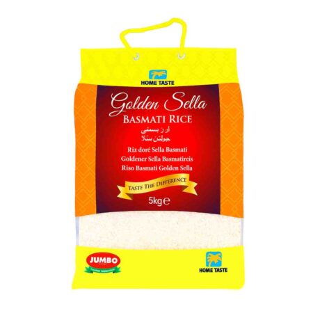 Home Taste Golden Sella Basmati Rice 5kg bag featuring premium long-grain golden sella basmati rice with vibrant yellow and red packaging, Home Taste logo, and clear section showing rice grains.