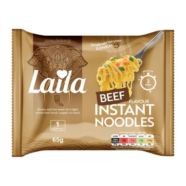 Box of Laila Beef Instant Noodles with individual 65g packs, showing rich beef flavour branding and preparation instructions.