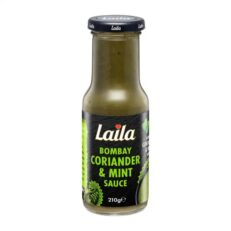 Laila Bombay Coriander & Mint Sauce 210g bottle with green label and herb imagery, showing coriander and mint leaves.